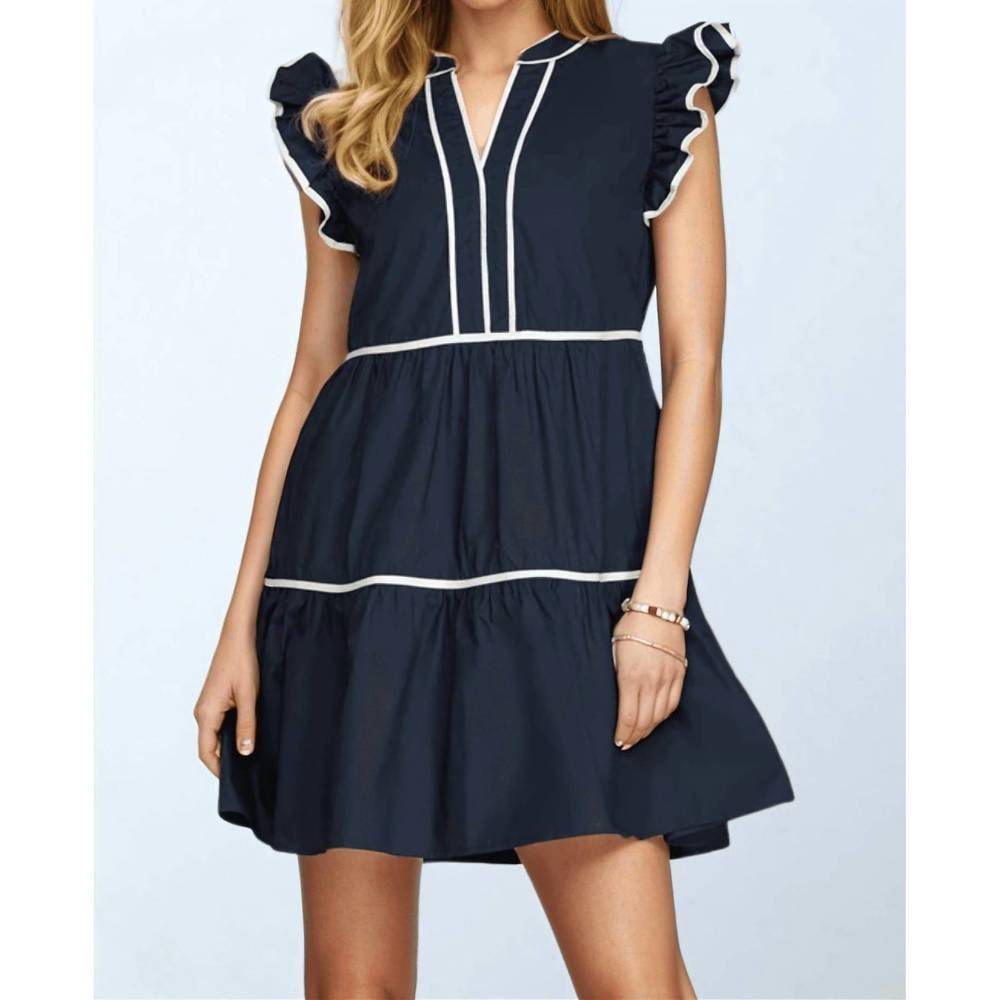 She + Sky Navy Blue Mini Dress with White Trim